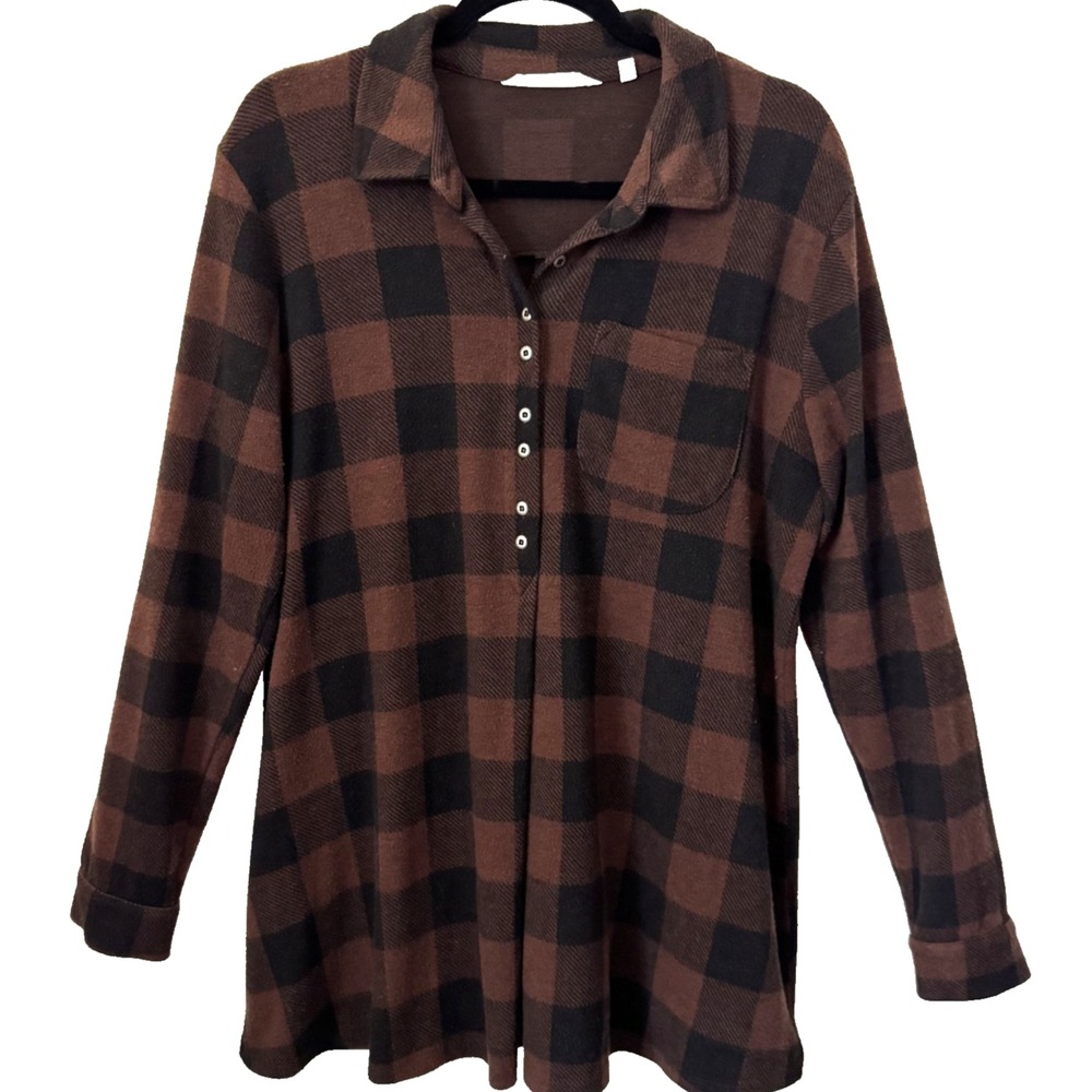 Soft Surroundings Women's Size Large Brown Black Checkered Top Long Sleeve Tunic